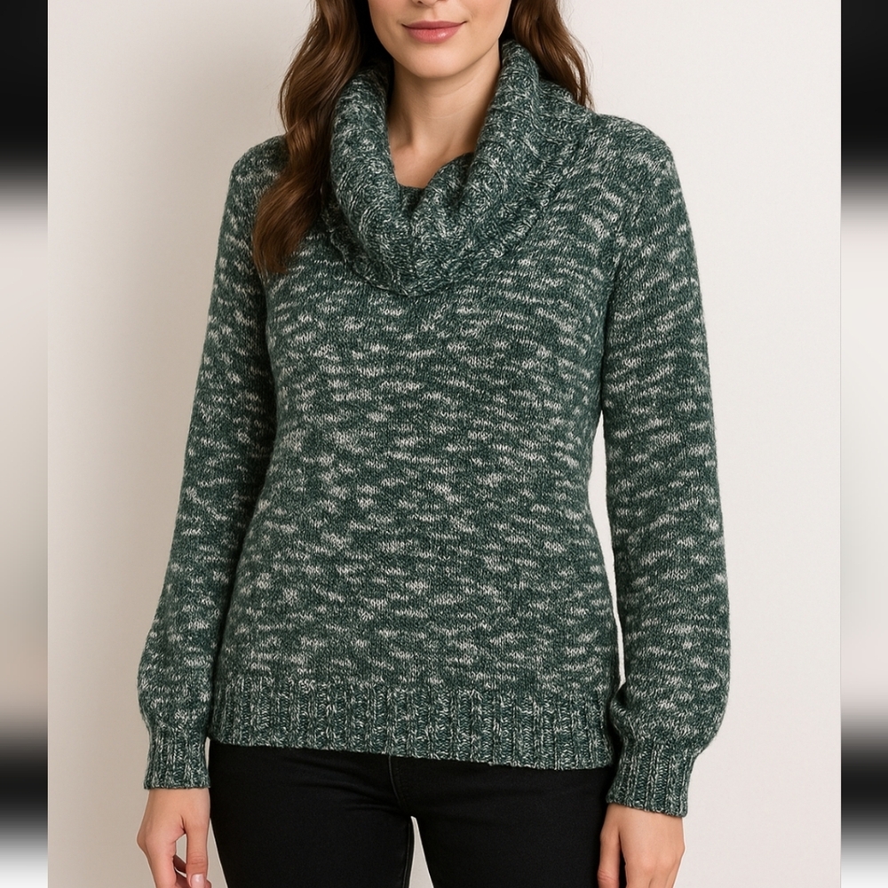 Women's Hunter L Green White Speckled Cowl Neck Balloon Sleeve Sweater Cabincore